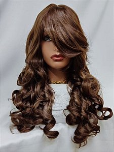 Peruca longa cacheada com franja e fios castanhos