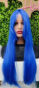 Peruca longa com franja para cosplay lisa cor azul