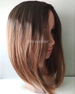 Peruca Chanel C/ Repartição Fixa no meio Ombre Hair preto C/ Castanho
