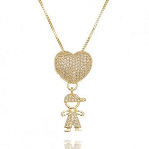 Colar Filho Coração com zirconias Cristais Folheado em ouro 18K