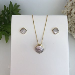 Conjunto Colar e Brinco Microzirconia Folheado em ouro 18k