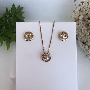 Conjunto Colar + Brinco Nossa Senhora Semijoia Folheado em ouro 18k
