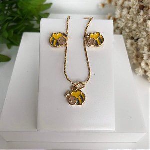 Brinco infantil Abelhinha com colar Pingente Abelhinha Folheado em ouro 18k