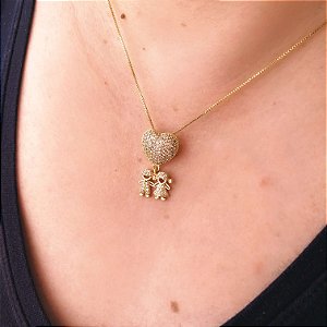 Colar Filho e Filha Coração Casal com zirconias Cristais Folheado em ouro 18K