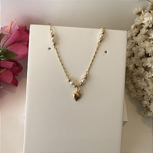 Pulseira Infantil com perolas e pingente de coração Folheado em Ouro 18k