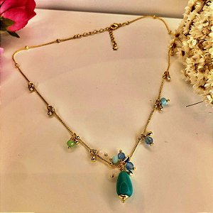 Colar com pedras tom Azul Folheado em Ouro 18k