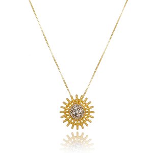 Colar pingente redondo tipo pizza com zirconias folheado ouro 18 k