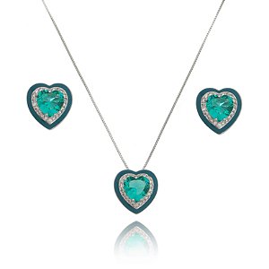 Conjunto coração esmaltado verde turmalina Ródio branco
