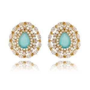 Brinco gota azul com cristal folheado em ouro 18k