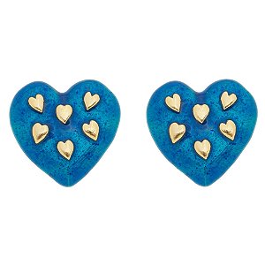 Brinco coração esmaltado azul folheado em ouro 18k