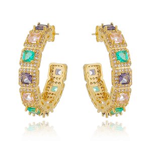 Argola com pedras coloridas folheada em ouro 18k