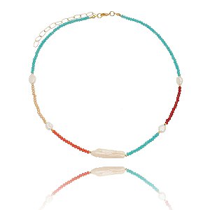 Choker com Pérolas barrocas e Cristais Coloridos