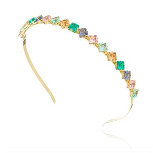 Kit Tiara com brinco de pedraria quadrada colorida Gold