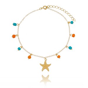 Tornozeleira Estrela do mar e miçangas folheada em ouro 18 k