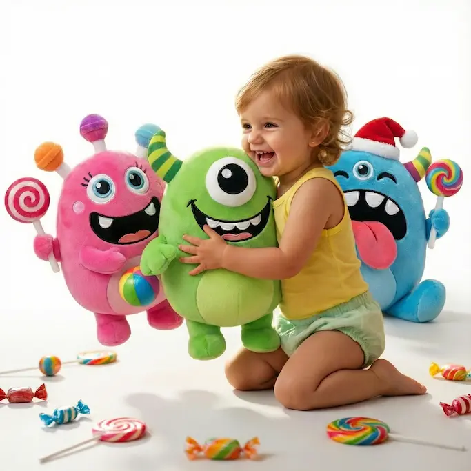 Criança feliz com monstrinhos da Nhack Candy Shop