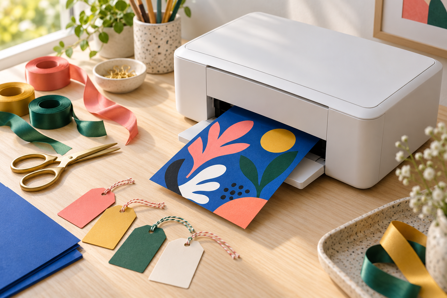 Impressora imprimindo um convite em Papel Color Plus azul