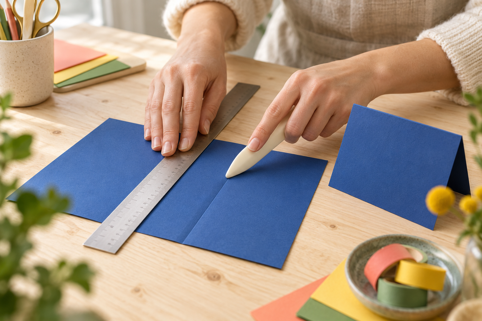 Mãos vincando um cartão de Papel Color Plus com régua e espátula