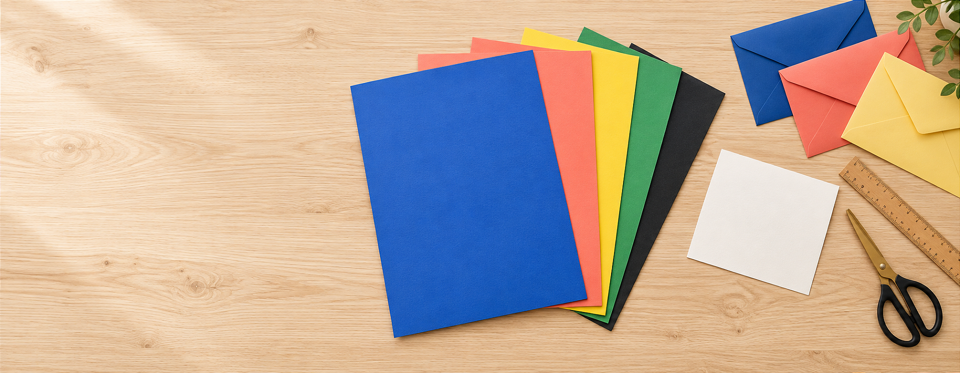 Folhas coloridas de Papel Color Plus em leque sobre uma mesa de papelaria