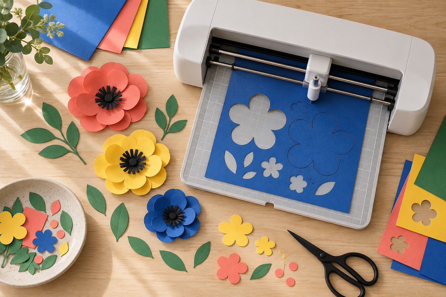 Máquina de recorte cortando flores de papel em Papel Color Plus de várias cores