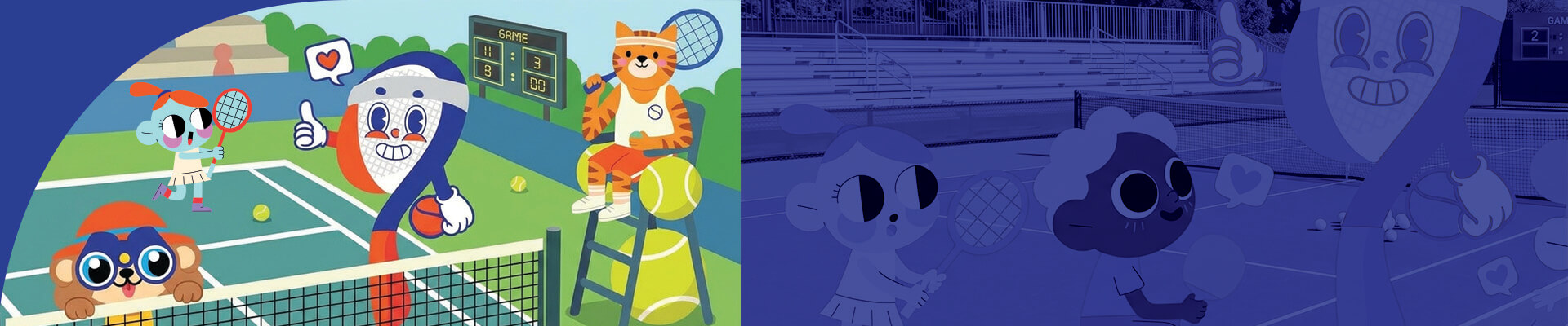 Crian�as e mascotes Sportfan Kids Club jogando t�nis