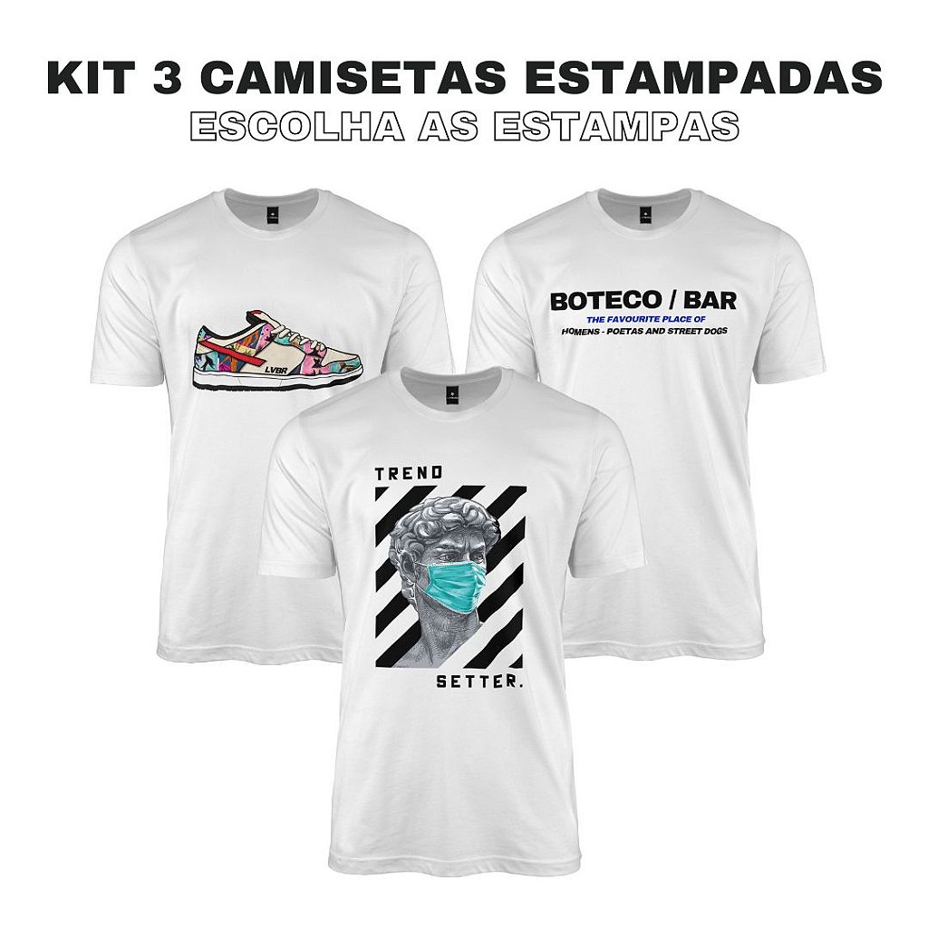 Kit 3 Camisetas Malha Branca Algodão Estampadas - Escolha as estampas -  LaVíbora: Shorts Masculinos de Praia, Roupas e mais!