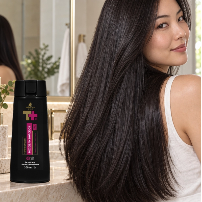 Condicionador Mix de Aminoácidos BARROMINAS 300 ml com cabelo liso com movimento em banheiro