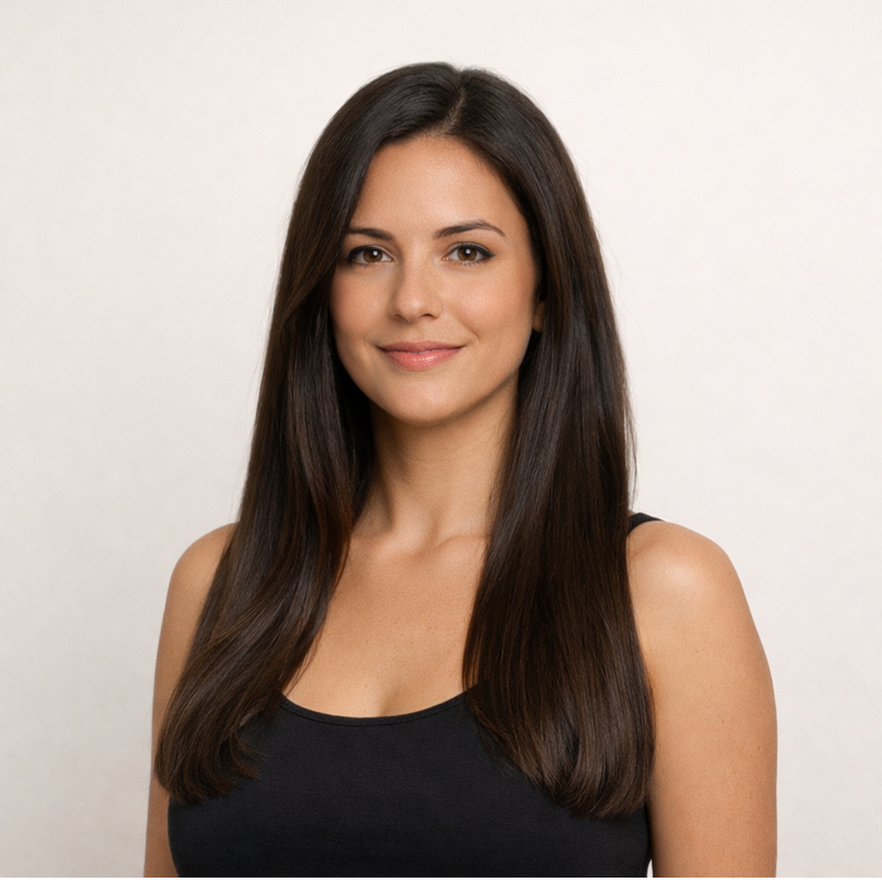 Resultado do Kit Cresce Fio BARROMINAS Shampoo e Condicionador em cabelo moreno visto de frente, com fios mais encorpados, alinhados e com brilho natural