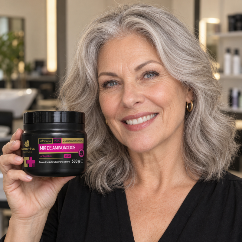 Máscara Mix de Aminoácidos PLUS BARROMINAS 500g em cabelo grisalho com brilho natural