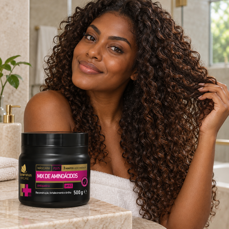 Linha Mix de Aminoácidos BARROMINAS em cabelo cacheado longo com pontas cuidadas, brilho e definição natural