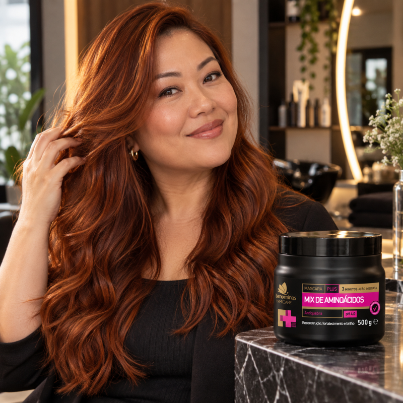 Máscara Mix de Aminoácidos PLUS BARROMINAS 500g em cabelo ruivo cobre ondulado com luminosidade