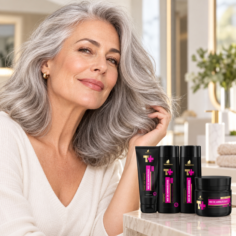 Kit Mix de Aminoácidos BARROMINAS em cabelo grisalho com brilho natural, maciez e aparência cuidada