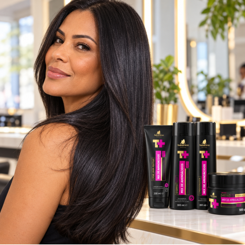 Kit Mix de Aminoácidos BARROMINAS em cabelo liso preto com movimento, brilho e aparência fortalecida