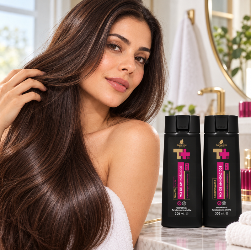 Kit Força e Resistência Mix de Aminoácidos BARROMINAS em cabelo frágil com brilho e maciez