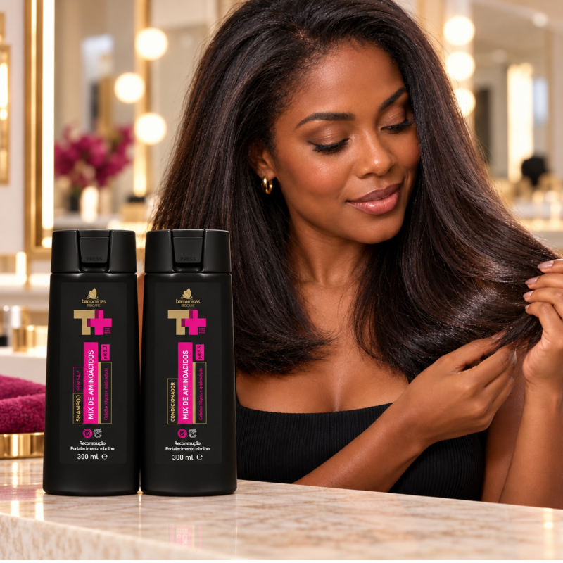 Kit Shampoo e Condicionador Mix de Aminoácidos BARROMINAS em cabelo com química, brilho e acabamento