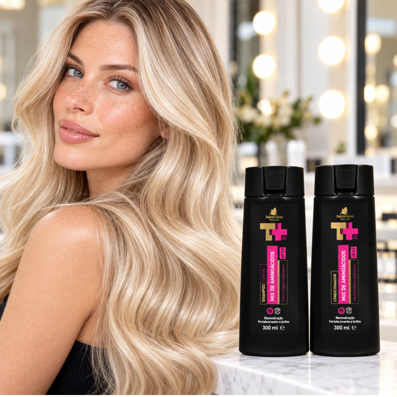Kit Mix de Aminoácidos BARROMINAS Shampoo e Condicionador em cabelo loiro descolorido com maciez e brilho