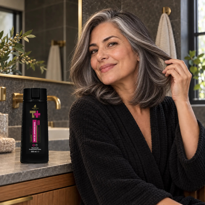 Shampoo Mix de Aminoácidos BARROMINAS 300 ml com cabelo grisalho e brilho em banheiro
