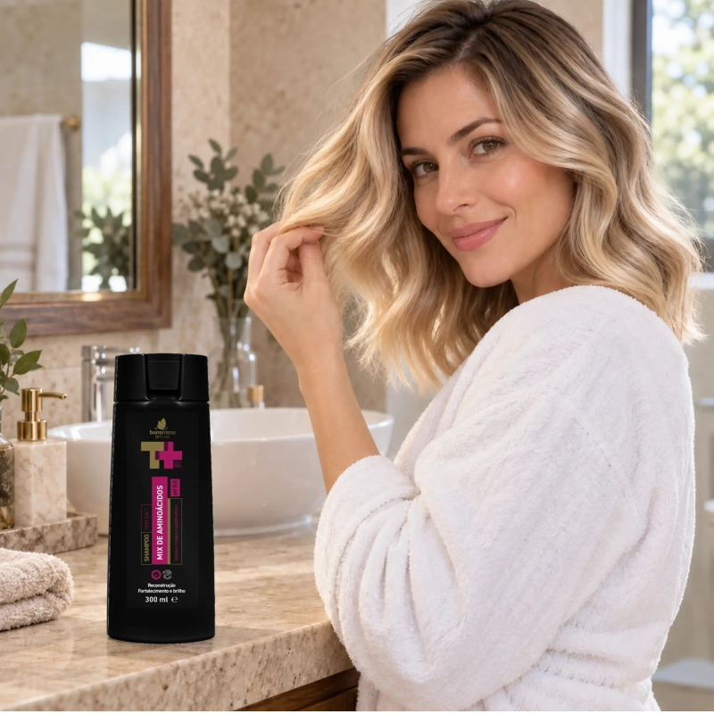 Shampoo Mix de Aminoácidos BARROMINAS 300 ml com cabelo loiro com luzes e brilho em banheiro