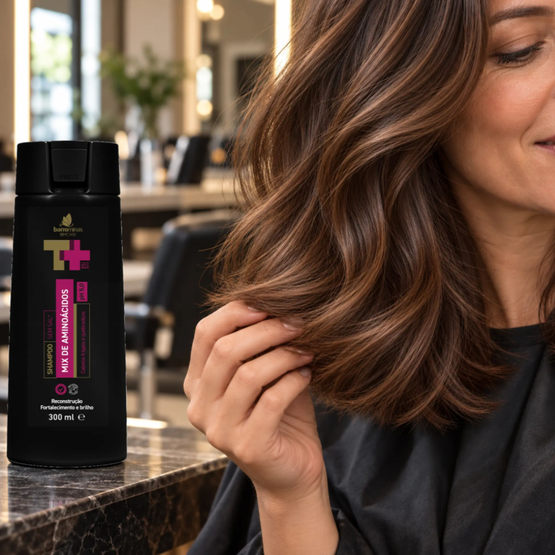 Linha Mix de Aminoácidos BARROMINAS em cabelo castanho com pontas brilhantes e aparência mais cuidada