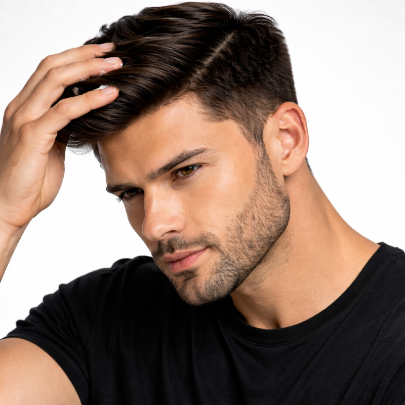 Aplicação da Cera Modeladora Preta Soft Black Fix no cabelo masculino para modelar o penteado com fixação e controle