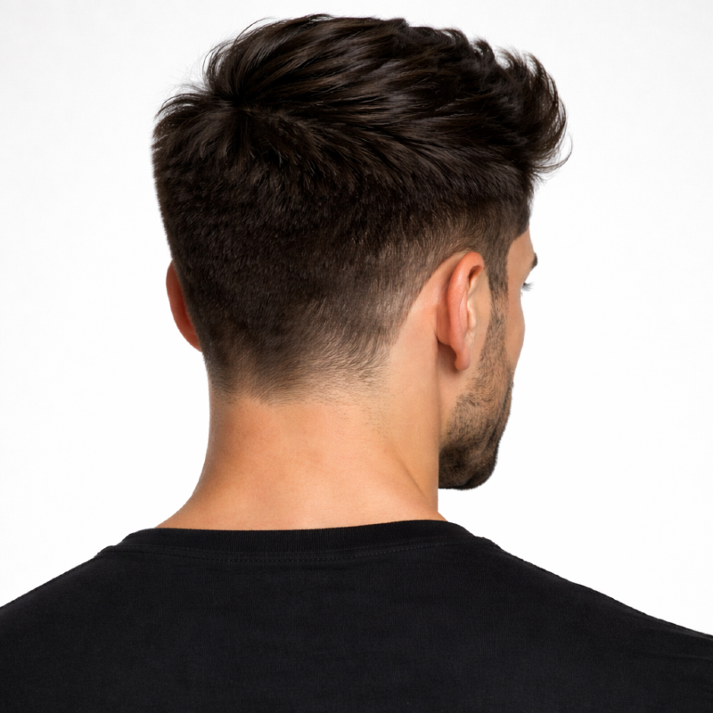 Vista traseira do cabelo masculino modelado com Cera Modeladora Preta Soft Black Fix mostrando alinhamento e acabamento uniforme