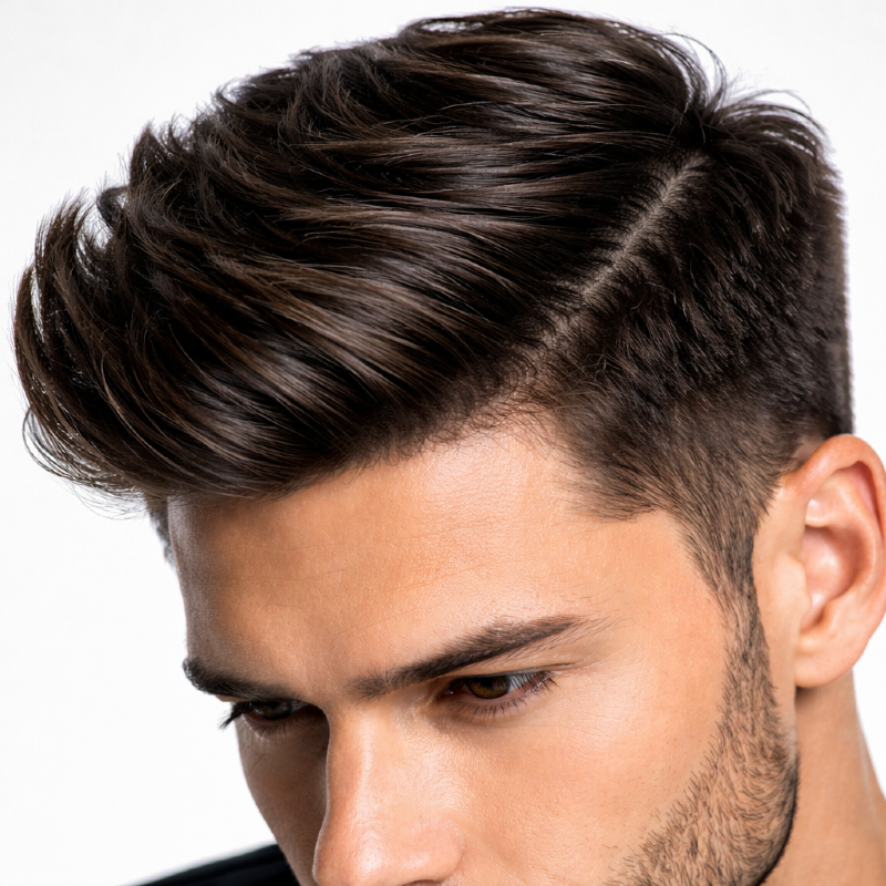 Close da textura do cabelo masculino modelado com Cera Modeladora Preta Soft Black Fix mostrando fios definidos e acabamento natural