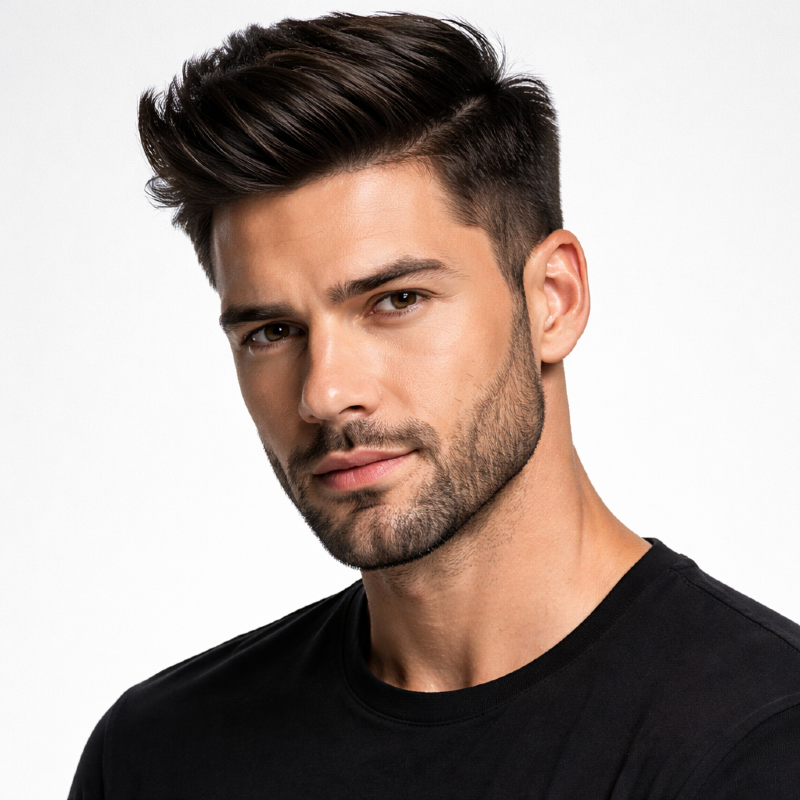 Cabelo masculino modelado com Cera Modeladora Preta Soft Black Fix mostrando penteado estruturado com fixação e brilho natural
