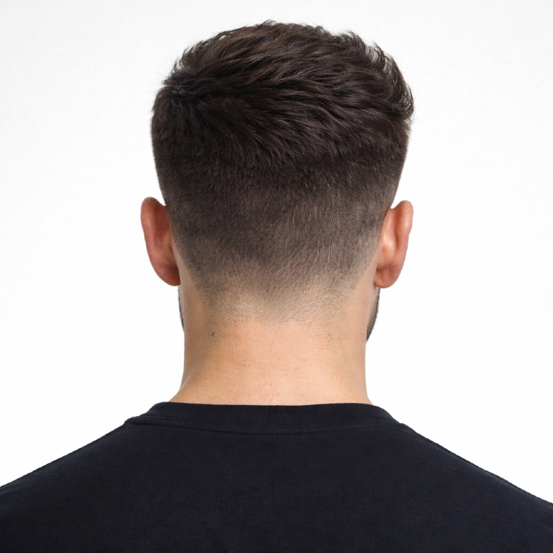 Vista traseira do cabelo masculino modelado com Cera Modeladora Incolor Barber Shop Black Fix mostrando alinhamento e acabamento uniforme