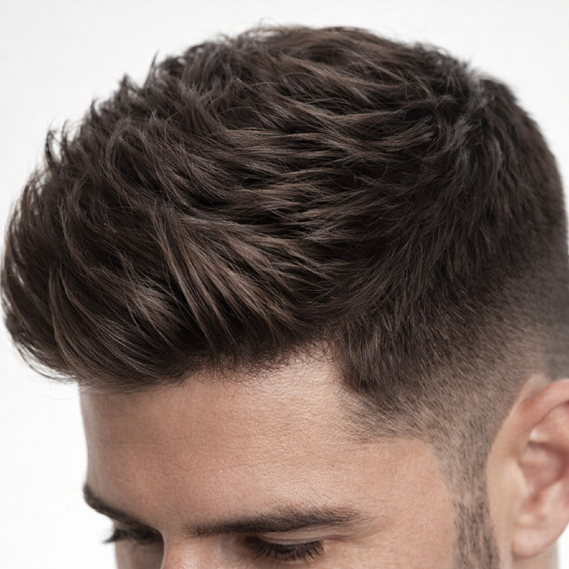 Detalhe da textura do cabelo masculino modelado com Cera Modeladora Incolor Barber Shop Black Fix mostrando definição e controle dos fios