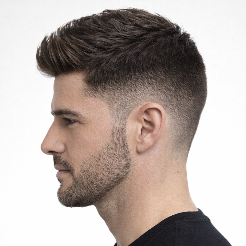 Perfil do cabelo masculino modelado com Cera Modeladora Incolor Barber Shop Black Fix mostrando definição do corte e alinhamento dos fios