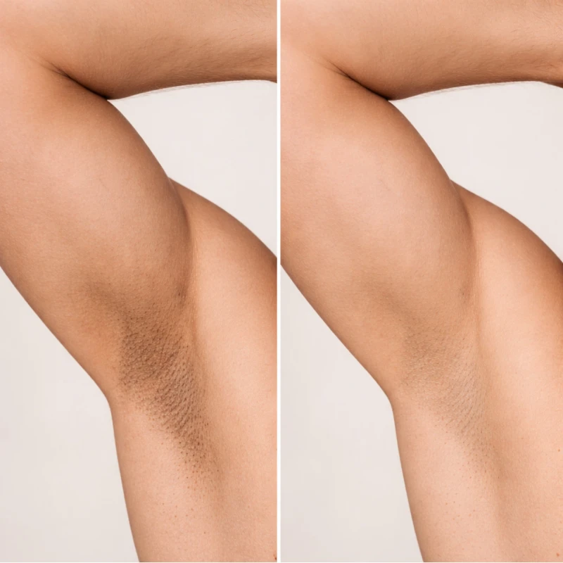 Antes e depois - Clareador com Inibidor de Pelos LABOTRAT para axilas em modelo masculino