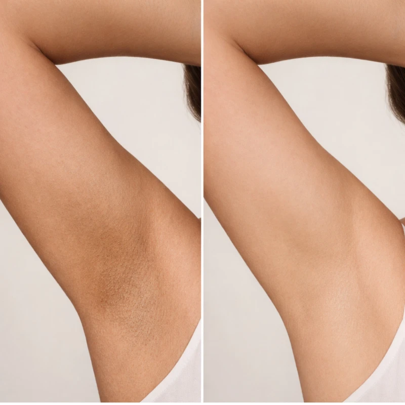 Antes e depois - Clareador com Inibidor de Pelos LABOTRAT para axilas em modelo feminina