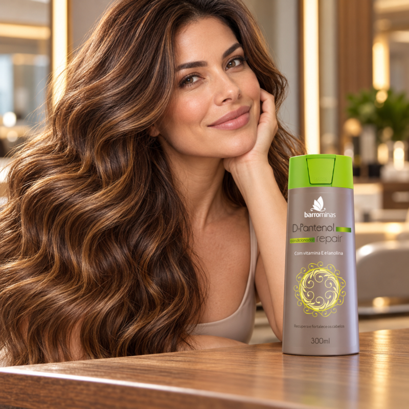 Condicionador D-Pantenol Repair BARROMINAS em cabelo macio, desembaraçado, com movimento e caimento natural