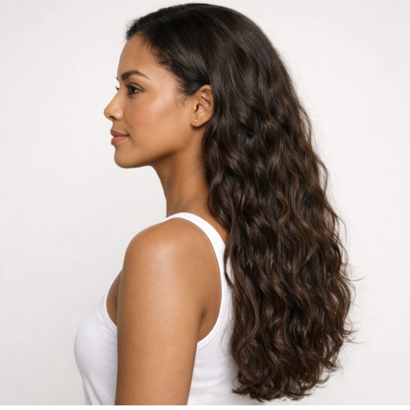 Resultado do Condicionador BARROMINAS Keratano + Nano em cabelo feminino moreno tratado, com fios mais alinhados, nutridos, com menos frizz e brilho visível