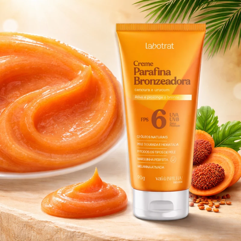 Creme Parafina Bronzeadora Labotrat em ambiente iluminado, com destaque para a embalagem e textura